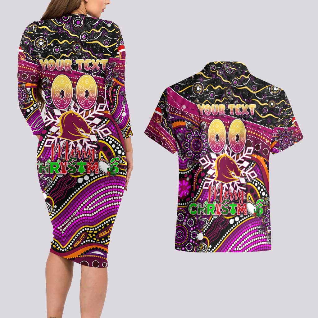 Merry Christmas Broncos Couples Matching Long Sleeve Bodycon Dress and Hawaiian Shirt Aboriginal Santa Rugby Mascot - Brisbane
