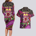 Merry Christmas Broncos Couples Matching Long Sleeve Bodycon Dress and Hawaiian Shirt Aboriginal Santa Rugby Mascot - Brisbane
