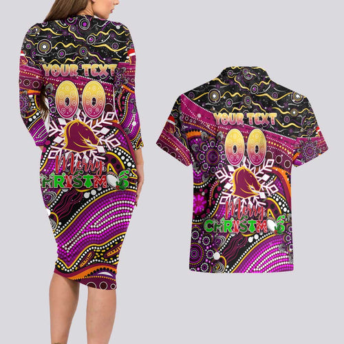 Merry Christmas Broncos Couples Matching Long Sleeve Bodycon Dress and Hawaiian Shirt Aboriginal Santa Rugby Mascot - Brisbane