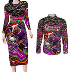 Merry Christmas Broncos Couples Matching Long Sleeve Bodycon Dress and Long Sleeve Button Shirt Aboriginal Santa Rugby Mascot - Brisbane