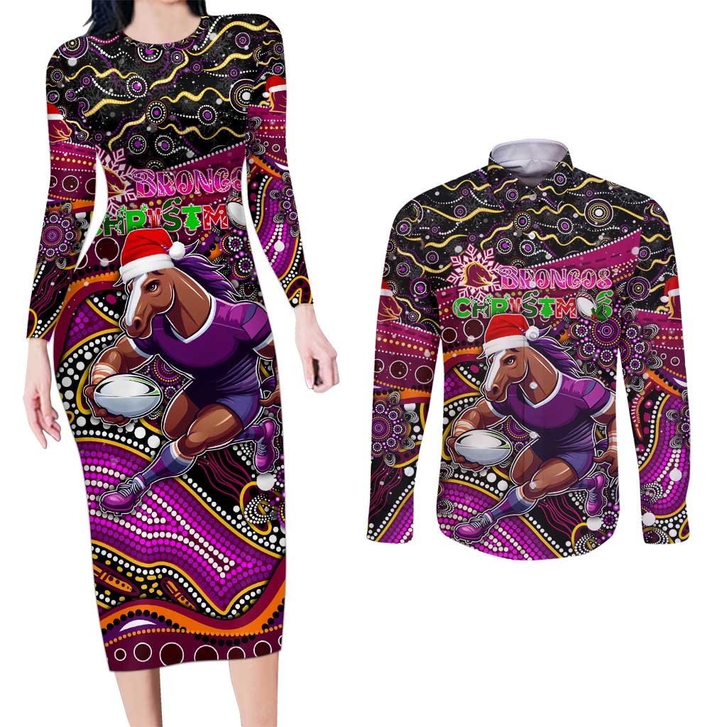 Merry Christmas Broncos Couples Matching Long Sleeve Bodycon Dress and Long Sleeve Button Shirt Aboriginal Santa Rugby Mascot - Brisbane