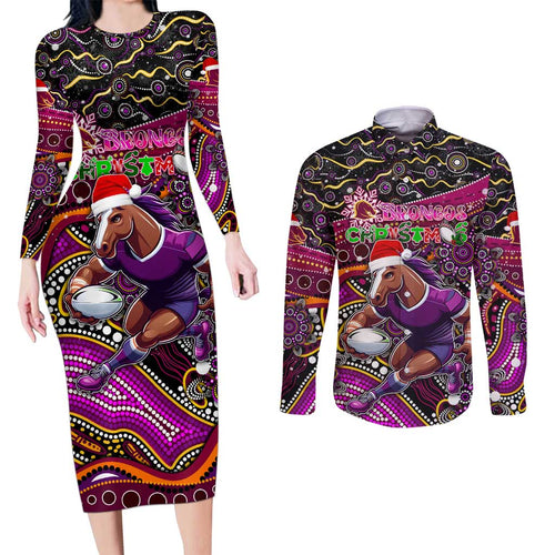 Merry Christmas Broncos Couples Matching Long Sleeve Bodycon Dress and Long Sleeve Button Shirt Aboriginal Santa Rugby Mascot - Brisbane