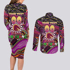Merry Christmas Broncos Couples Matching Long Sleeve Bodycon Dress and Long Sleeve Button Shirt Aboriginal Santa Rugby Mascot - Brisbane
