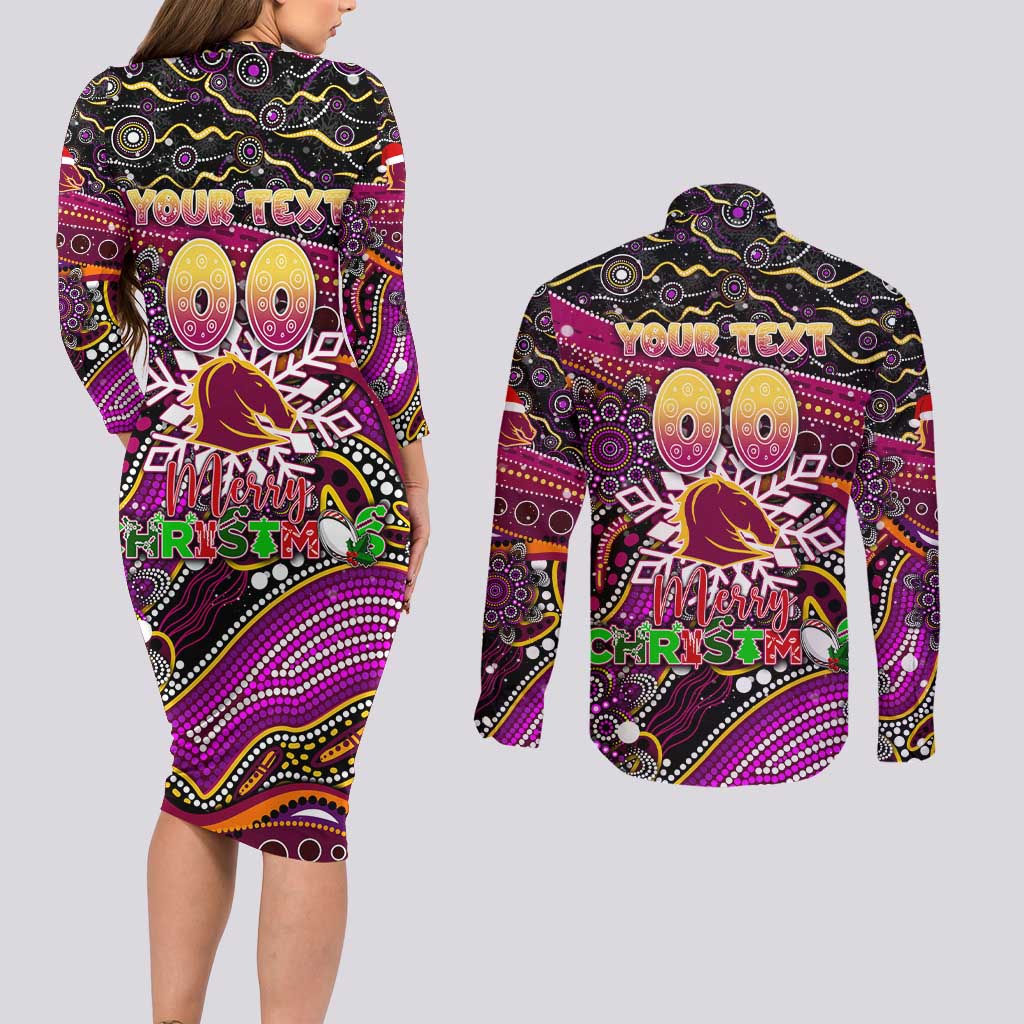 Merry Christmas Broncos Couples Matching Long Sleeve Bodycon Dress and Long Sleeve Button Shirt Aboriginal Santa Rugby Mascot - Brisbane