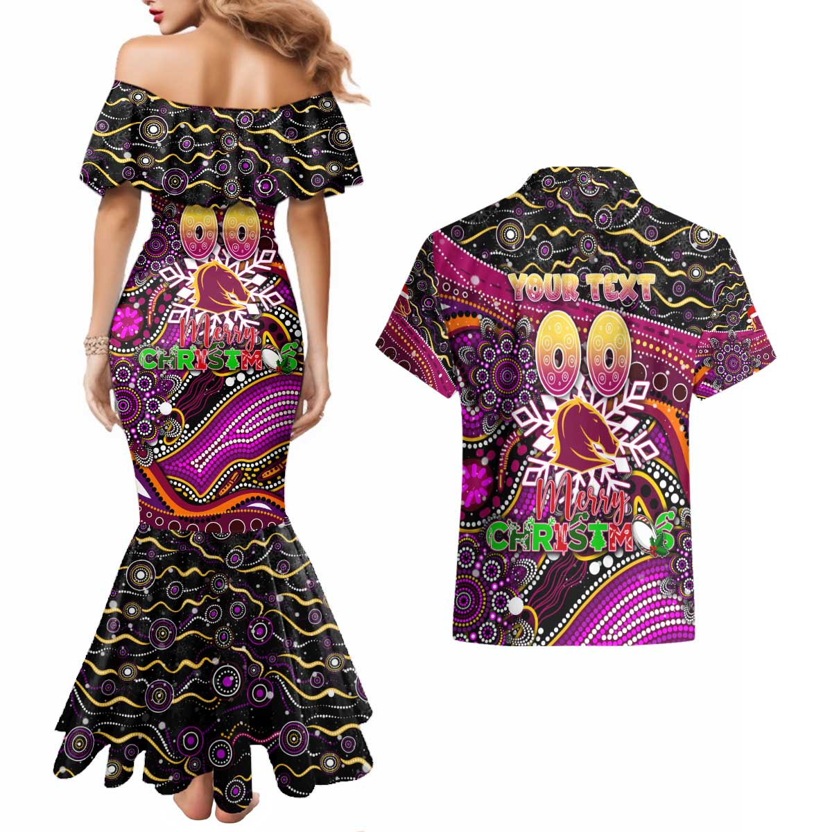 Merry Christmas Broncos Couples Matching Mermaid Dress and Hawaiian Shirt Aboriginal Santa Rugby Mascot - Brisbane
