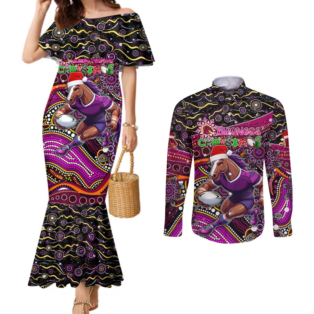 Merry Christmas Broncos Couples Matching Mermaid Dress and Long Sleeve Button Shirt Aboriginal Santa Rugby Mascot - Brisbane