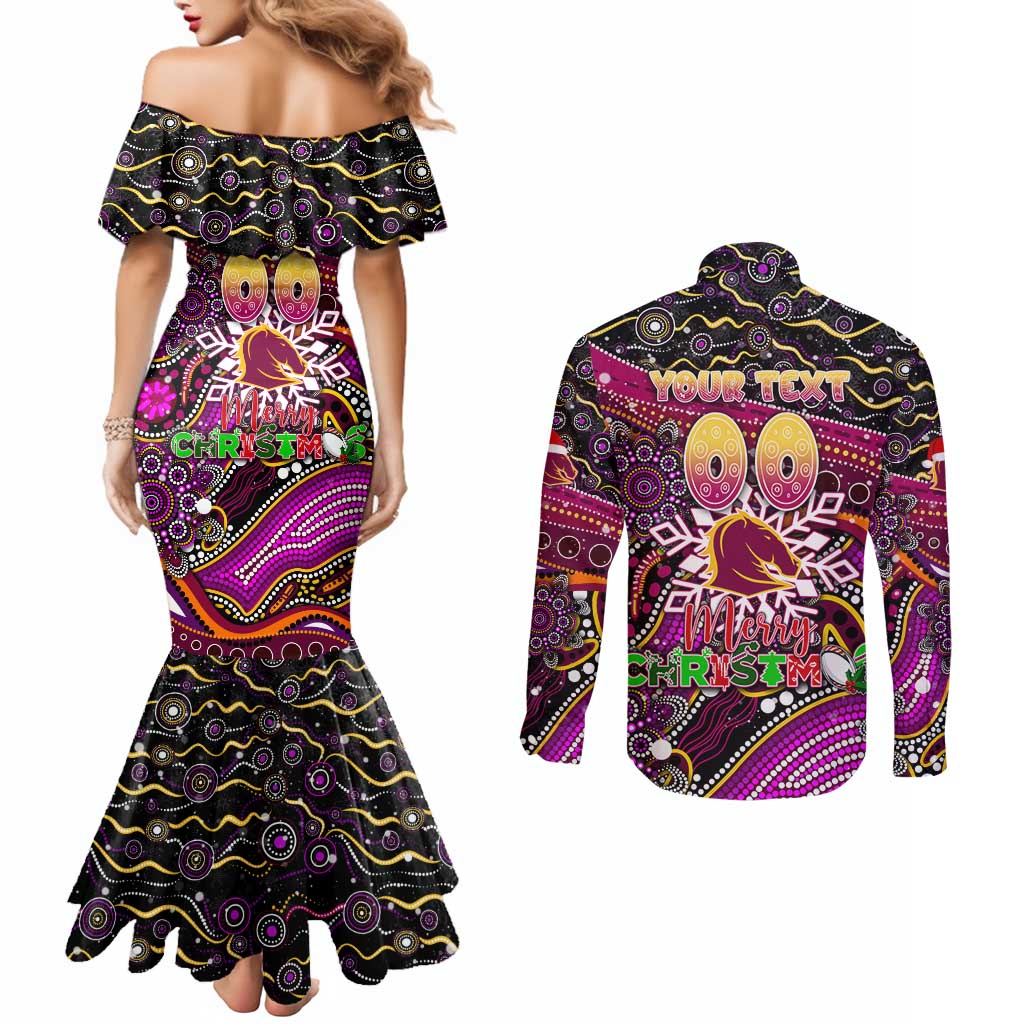 Merry Christmas Broncos Couples Matching Mermaid Dress and Long Sleeve Button Shirt Aboriginal Santa Rugby Mascot - Brisbane
