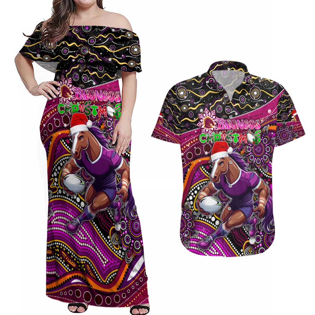 Merry Christmas Broncos Couples Matching Off Shoulder Maxi Dress and Hawaiian Shirt Aboriginal Santa Rugby Mascot - Brisbane