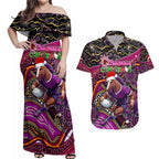 Merry Christmas Broncos Couples Matching Off Shoulder Maxi Dress and Hawaiian Shirt Aboriginal Santa Rugby Mascot - Brisbane