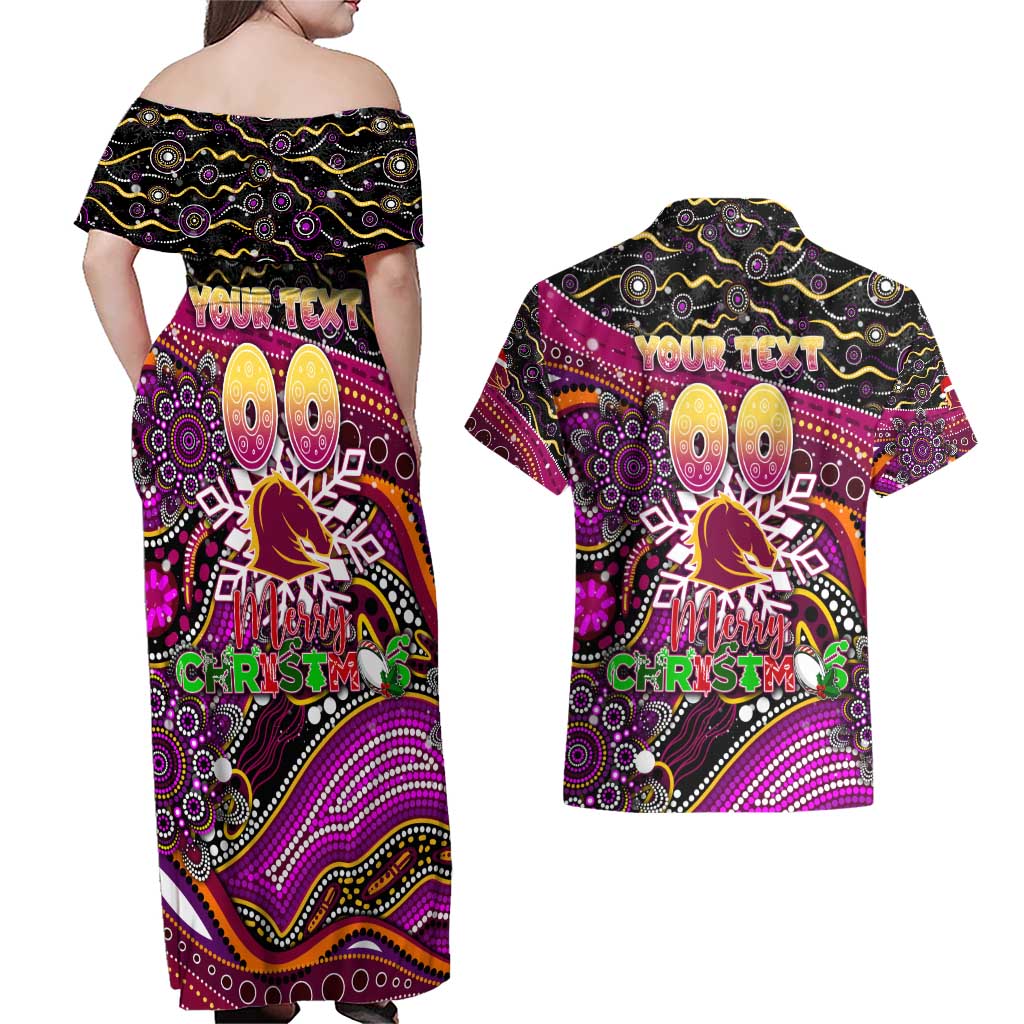 Merry Christmas Broncos Couples Matching Off Shoulder Maxi Dress and Hawaiian Shirt Aboriginal Santa Rugby Mascot - Brisbane