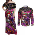 Merry Christmas Broncos Couples Matching Off Shoulder Maxi Dress and Long Sleeve Button Shirt Aboriginal Santa Rugby Mascot - Brisbane