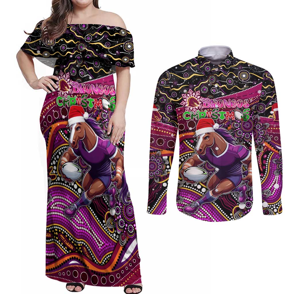 Merry Christmas Broncos Couples Matching Off Shoulder Maxi Dress and Long Sleeve Button Shirt Aboriginal Santa Rugby Mascot - Brisbane
