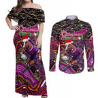 Merry Christmas Broncos Couples Matching Off Shoulder Maxi Dress and Long Sleeve Button Shirt Aboriginal Santa Rugby Mascot - Brisbane