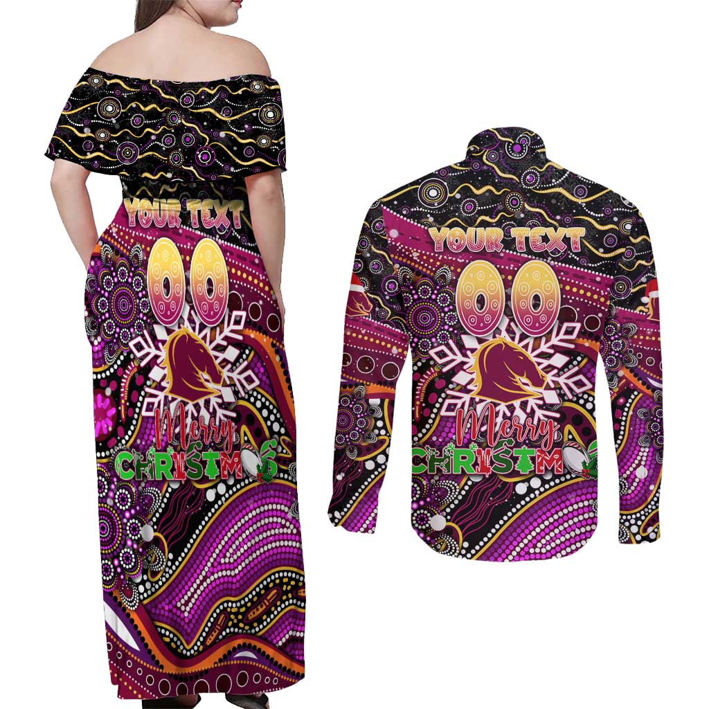 Merry Christmas Broncos Couples Matching Off Shoulder Maxi Dress and Long Sleeve Button Shirt Aboriginal Santa Rugby Mascot - Brisbane