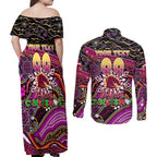 Merry Christmas Broncos Couples Matching Off Shoulder Maxi Dress and Long Sleeve Button Shirt Aboriginal Santa Rugby Mascot - Brisbane