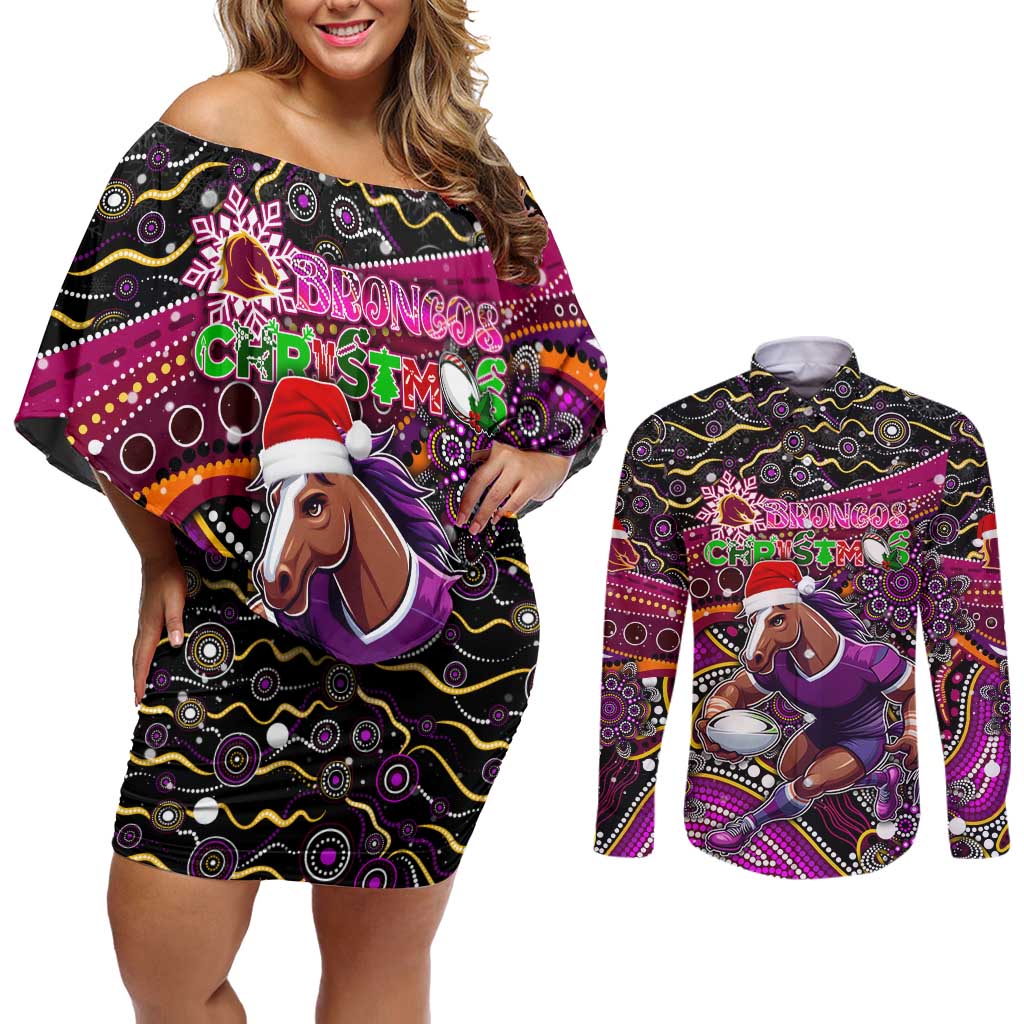 Merry Christmas Broncos Couples Matching Off Shoulder Short Dress and Long Sleeve Button Shirt Aboriginal Santa Rugby Mascot - Brisbane