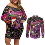 Merry Christmas Broncos Couples Matching Off Shoulder Short Dress and Long Sleeve Button Shirt Aboriginal Santa Rugby Mascot - Brisbane