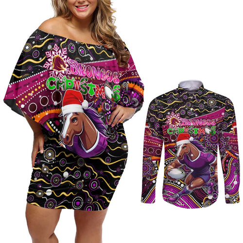 Merry Christmas Broncos Couples Matching Off Shoulder Short Dress and Long Sleeve Button Shirt Aboriginal Santa Rugby Mascot - Brisbane