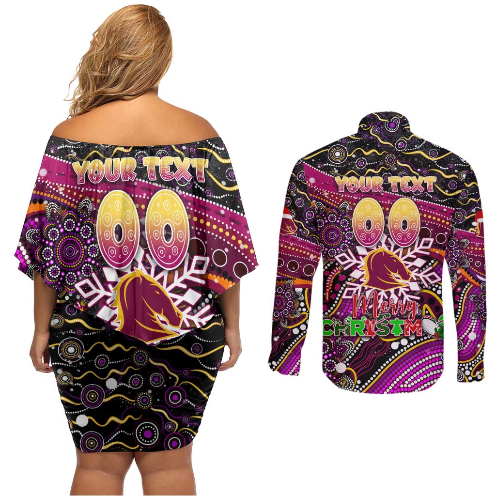 Merry Christmas Broncos Couples Matching Off Shoulder Short Dress and Long Sleeve Button Shirt Aboriginal Santa Rugby Mascot - Brisbane
