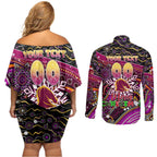 Merry Christmas Broncos Couples Matching Off Shoulder Short Dress and Long Sleeve Button Shirt Aboriginal Santa Rugby Mascot - Brisbane