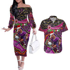 Merry Christmas Broncos Couples Matching Off The Shoulder Long Sleeve Dress and Hawaiian Shirt Aboriginal Santa Rugby Mascot - Brisbane