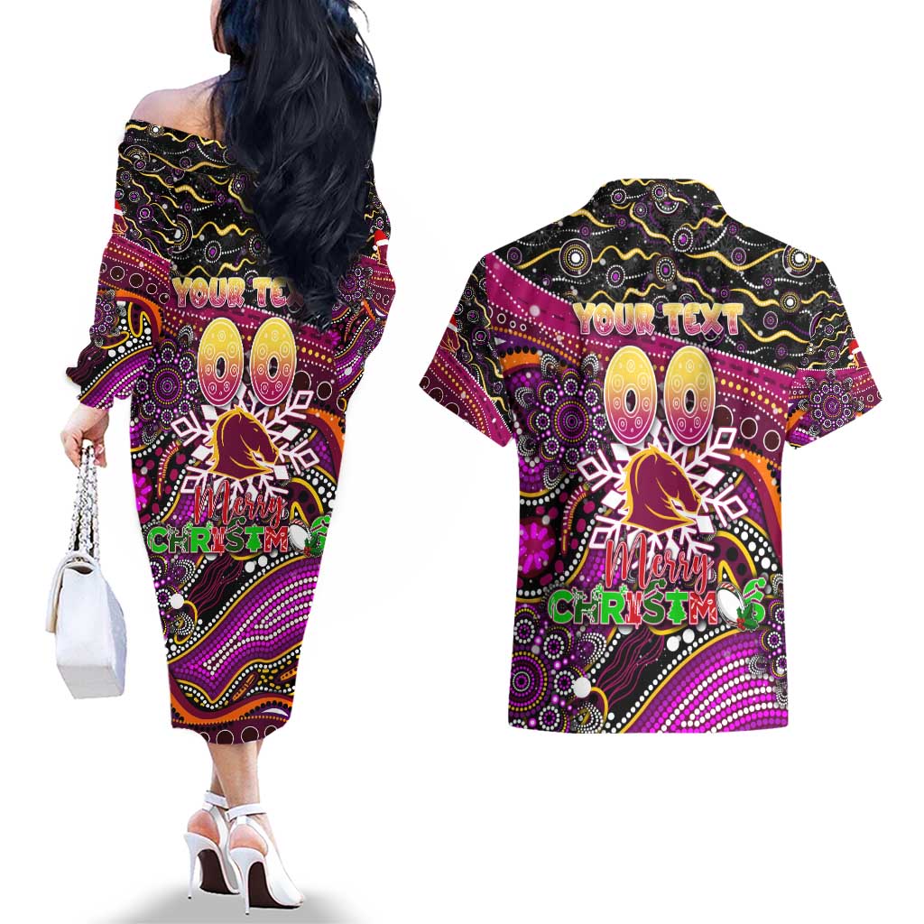 Merry Christmas Broncos Couples Matching Off The Shoulder Long Sleeve Dress and Hawaiian Shirt Aboriginal Santa Rugby Mascot - Brisbane