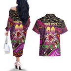 Merry Christmas Broncos Couples Matching Off The Shoulder Long Sleeve Dress and Hawaiian Shirt Aboriginal Santa Rugby Mascot - Brisbane