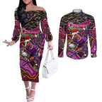 Merry Christmas Broncos Couples Matching Off The Shoulder Long Sleeve Dress and Long Sleeve Button Shirt Aboriginal Santa Rugby Mascot - Brisbane