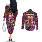 Merry Christmas Broncos Couples Matching Off The Shoulder Long Sleeve Dress and Long Sleeve Button Shirt Aboriginal Santa Rugby Mascot - Brisbane