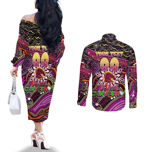 Merry Christmas Broncos Couples Matching Off The Shoulder Long Sleeve Dress and Long Sleeve Button Shirt Aboriginal Santa Rugby Mascot - Brisbane