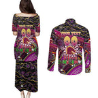 Merry Christmas Broncos Couples Matching Puletasi and Long Sleeve Button Shirt Aboriginal Santa Rugby Mascot - Brisbane