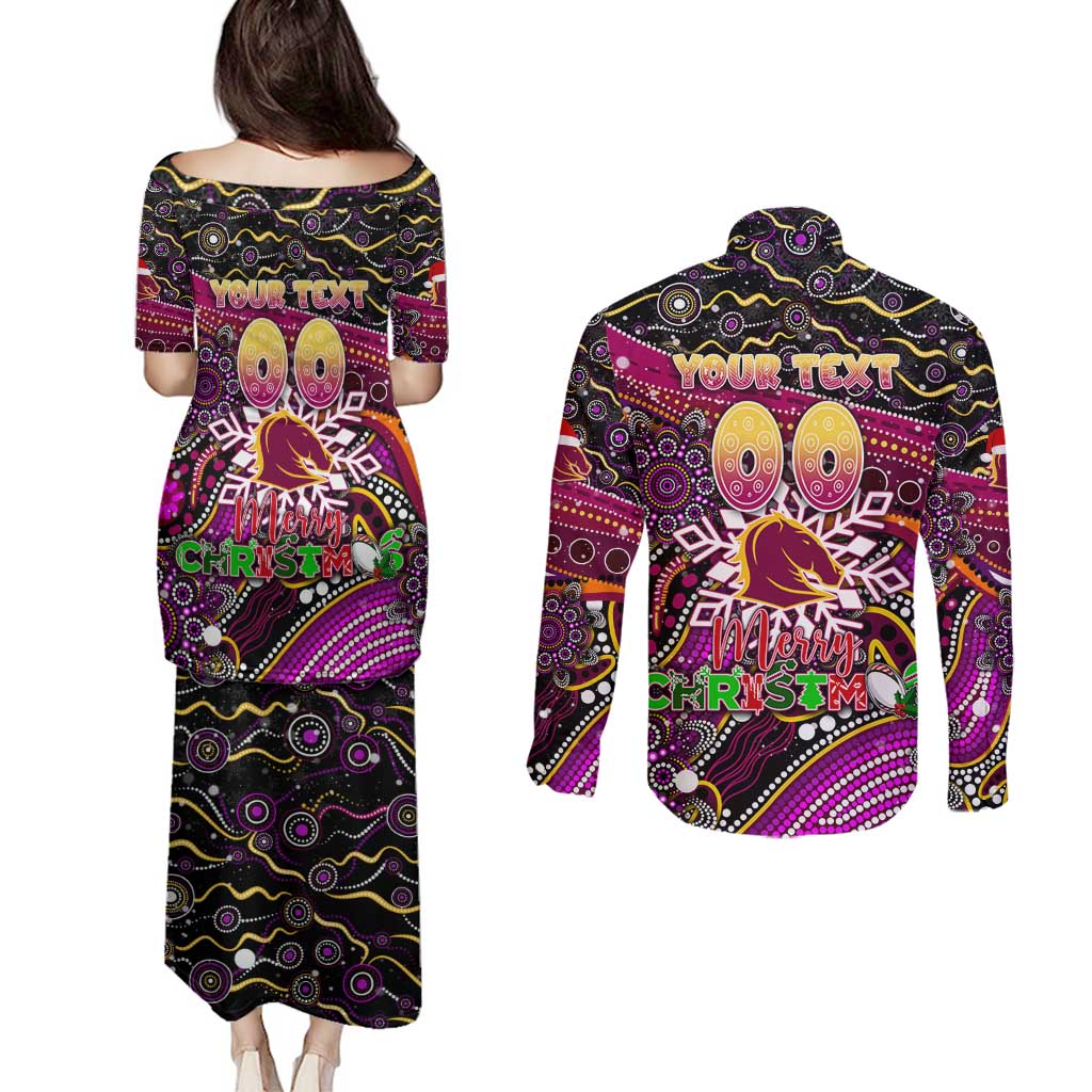 Merry Christmas Broncos Couples Matching Puletasi and Long Sleeve Button Shirt Aboriginal Santa Rugby Mascot - Brisbane