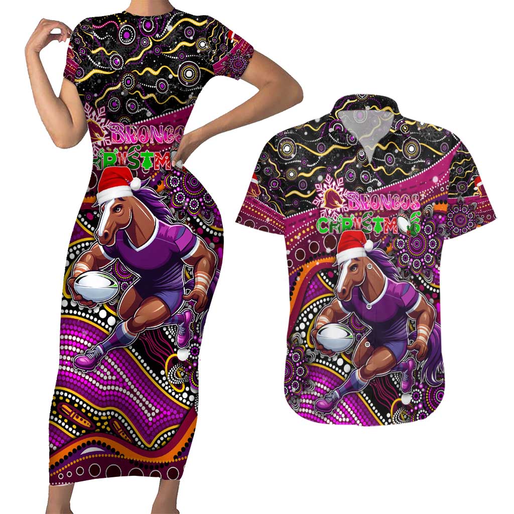 Merry Christmas Broncos Couples Matching Short Sleeve Bodycon Dress and Hawaiian Shirt Aboriginal Santa Rugby Mascot - Brisbane
