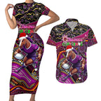 Merry Christmas Broncos Couples Matching Short Sleeve Bodycon Dress and Hawaiian Shirt Aboriginal Santa Rugby Mascot - Brisbane
