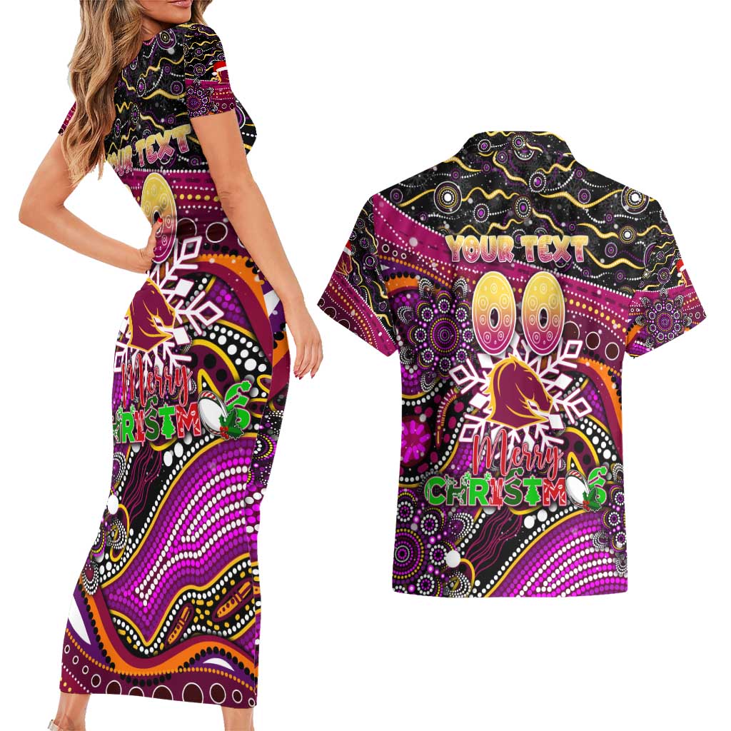 Merry Christmas Broncos Couples Matching Short Sleeve Bodycon Dress and Hawaiian Shirt Aboriginal Santa Rugby Mascot - Brisbane