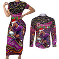 Merry Christmas Broncos Couples Matching Short Sleeve Bodycon Dress and Long Sleeve Button Shirt Aboriginal Santa Rugby Mascot - Brisbane