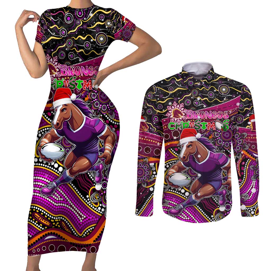 Merry Christmas Broncos Couples Matching Short Sleeve Bodycon Dress and Long Sleeve Button Shirt Aboriginal Santa Rugby Mascot - Brisbane