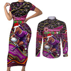 Merry Christmas Broncos Couples Matching Short Sleeve Bodycon Dress and Long Sleeve Button Shirt Aboriginal Santa Rugby Mascot - Brisbane