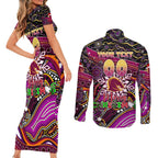 Merry Christmas Broncos Couples Matching Short Sleeve Bodycon Dress and Long Sleeve Button Shirt Aboriginal Santa Rugby Mascot - Brisbane