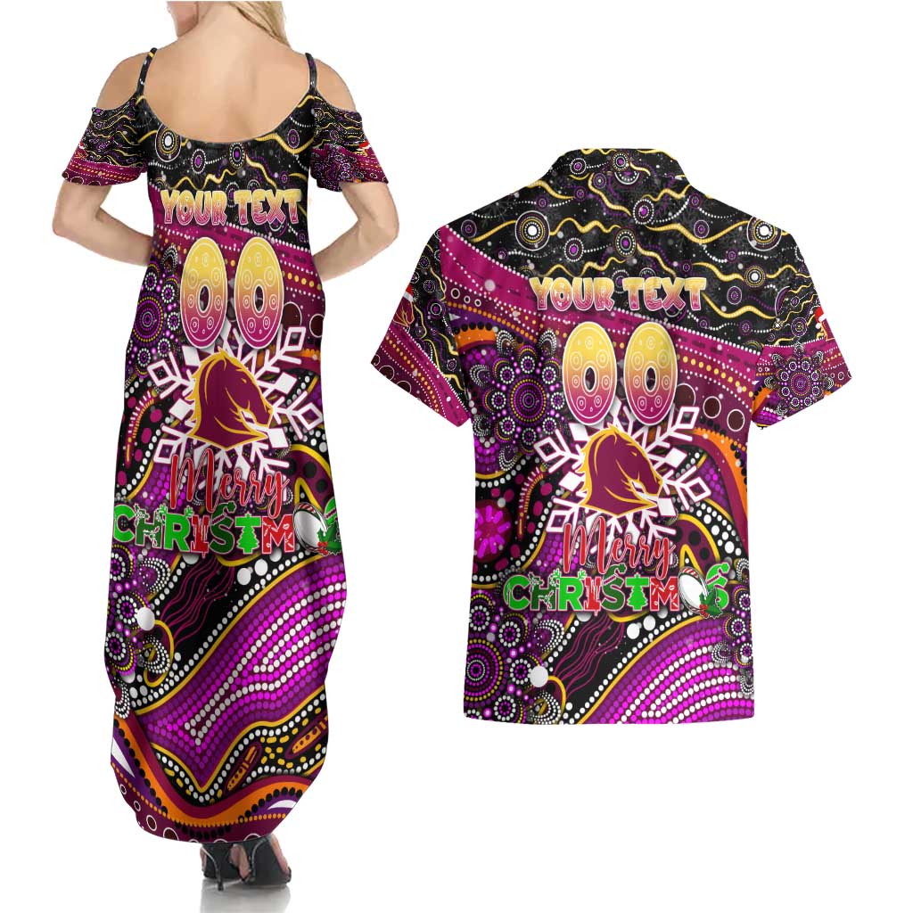 Merry Christmas Broncos Couples Matching Summer Maxi Dress and Hawaiian Shirt Aboriginal Santa Rugby Mascot - Brisbane