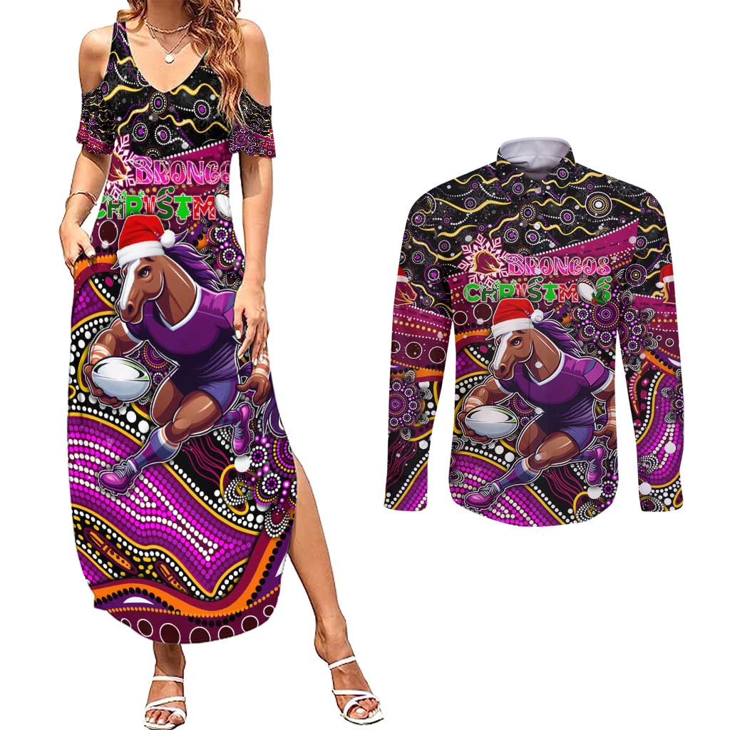 Merry Christmas Broncos Couples Matching Summer Maxi Dress and Long Sleeve Button Shirt Aboriginal Santa Rugby Mascot - Brisbane