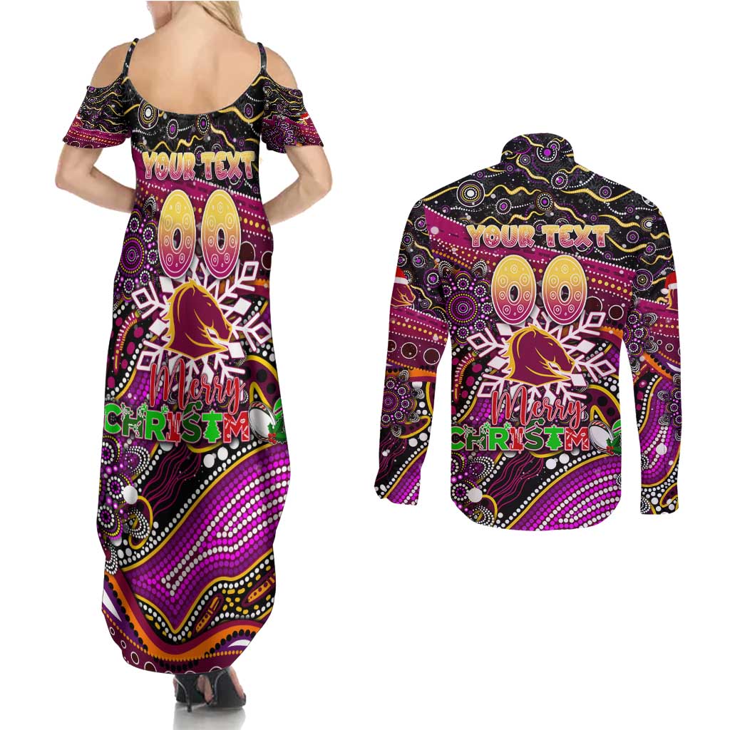 Merry Christmas Broncos Couples Matching Summer Maxi Dress and Long Sleeve Button Shirt Aboriginal Santa Rugby Mascot - Brisbane
