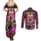 Merry Christmas Broncos Couples Matching Summer Maxi Dress and Long Sleeve Button Shirt Aboriginal Santa Rugby Mascot - Brisbane
