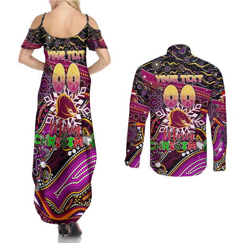 Merry Christmas Broncos Couples Matching Summer Maxi Dress and Long Sleeve Button Shirt Aboriginal Santa Rugby Mascot - Brisbane