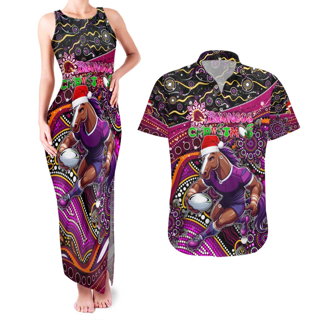 Merry Christmas Broncos Couples Matching Tank Maxi Dress and Hawaiian Shirt Aboriginal Santa Rugby Mascot - Brisbane