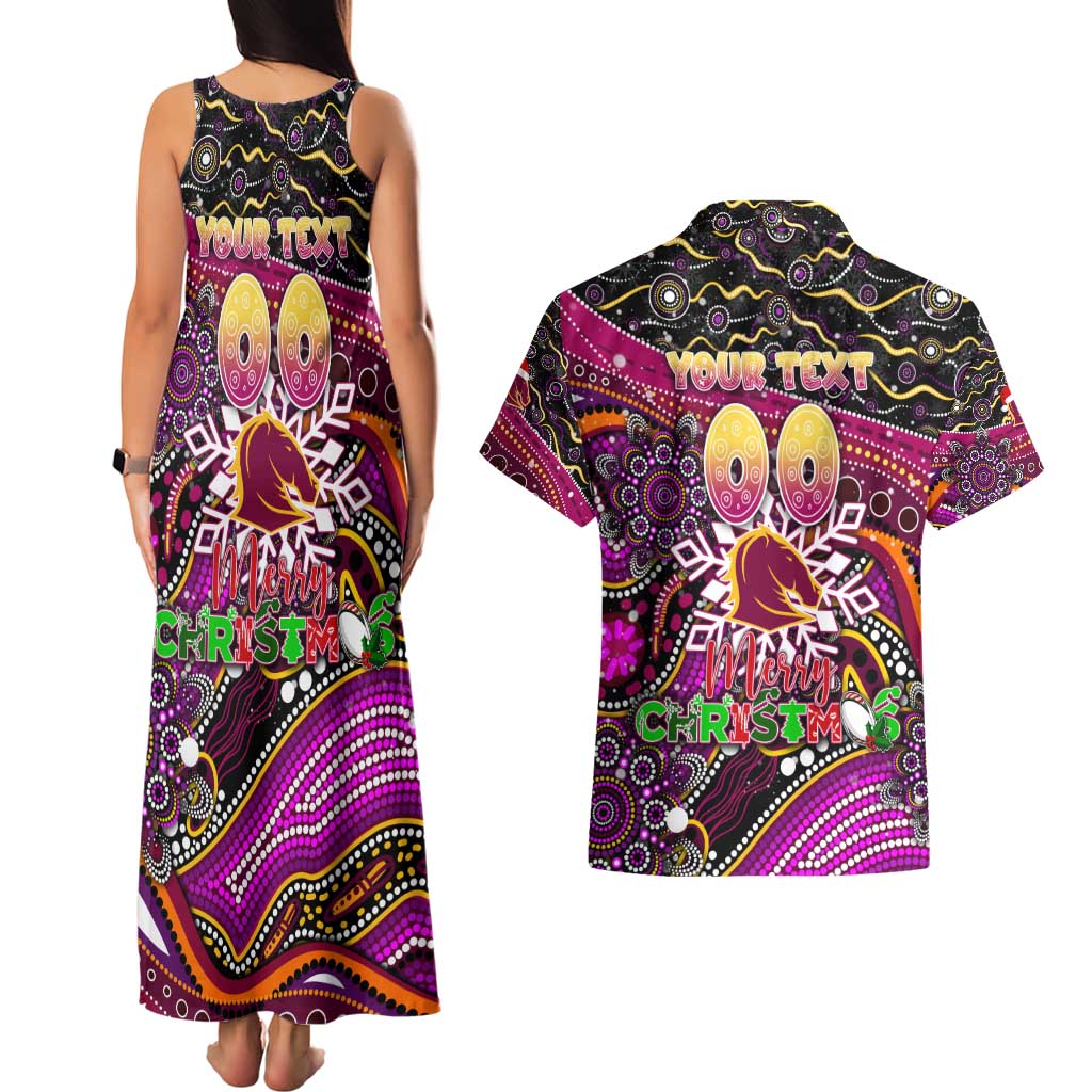 Merry Christmas Broncos Couples Matching Tank Maxi Dress and Hawaiian Shirt Aboriginal Santa Rugby Mascot - Brisbane