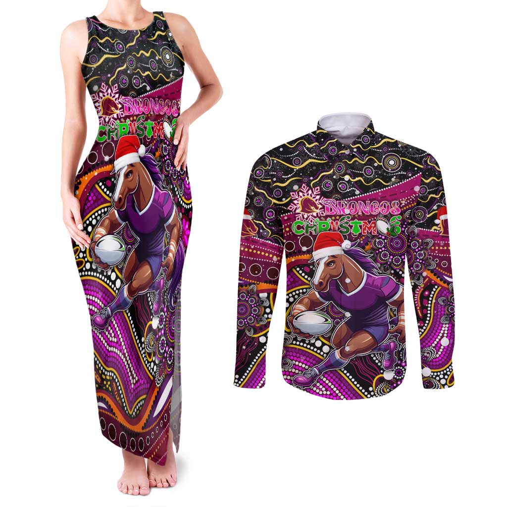 Merry Christmas Broncos Couples Matching Tank Maxi Dress and Long Sleeve Button Shirt Aboriginal Santa Rugby Mascot - Brisbane