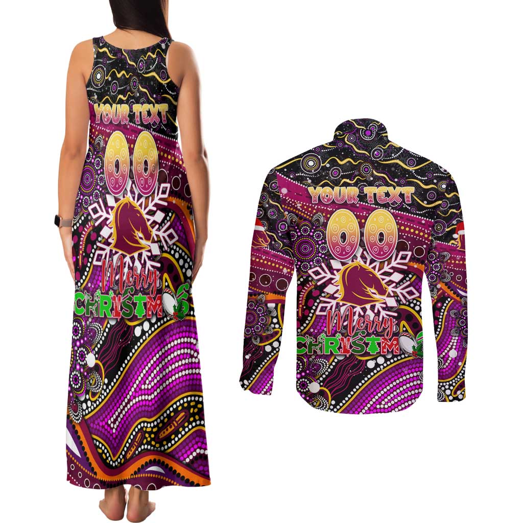 Merry Christmas Broncos Couples Matching Tank Maxi Dress and Long Sleeve Button Shirt Aboriginal Santa Rugby Mascot - Brisbane