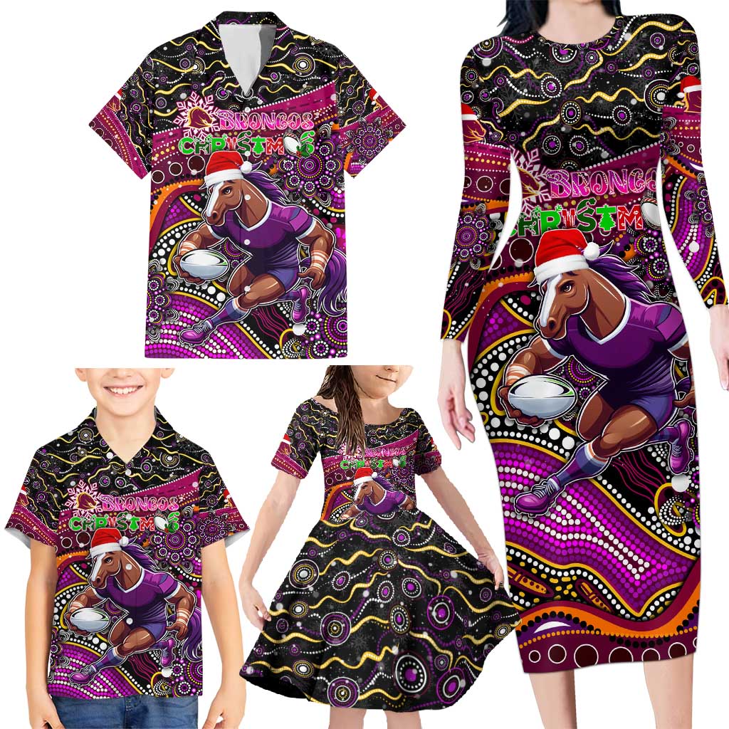 Merry Christmas Broncos Family Matching Long Sleeve Bodycon Dress and Hawaiian Shirt Aboriginal Santa Rugby Mascot - Brisbane