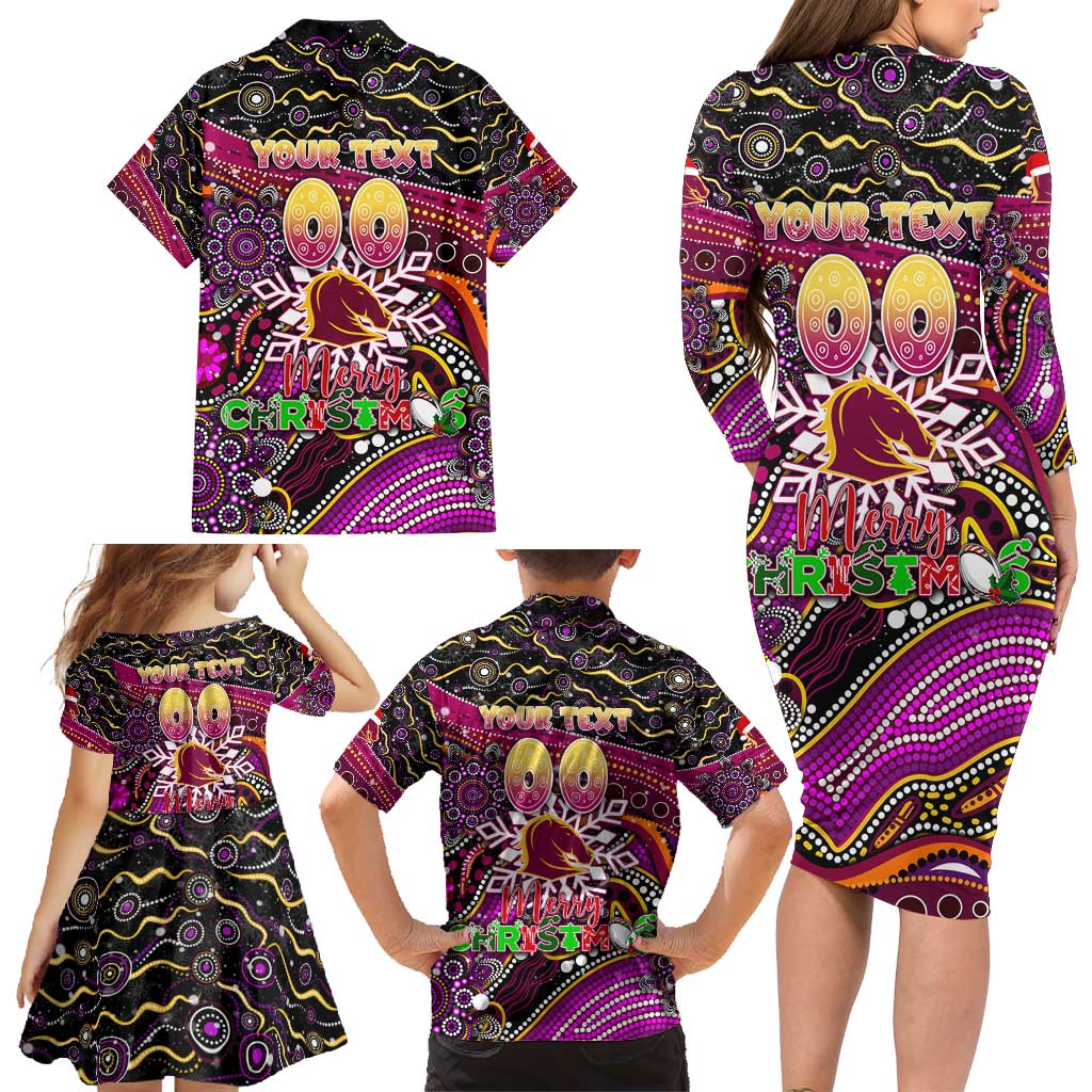 Merry Christmas Broncos Family Matching Long Sleeve Bodycon Dress and Hawaiian Shirt Aboriginal Santa Rugby Mascot - Brisbane